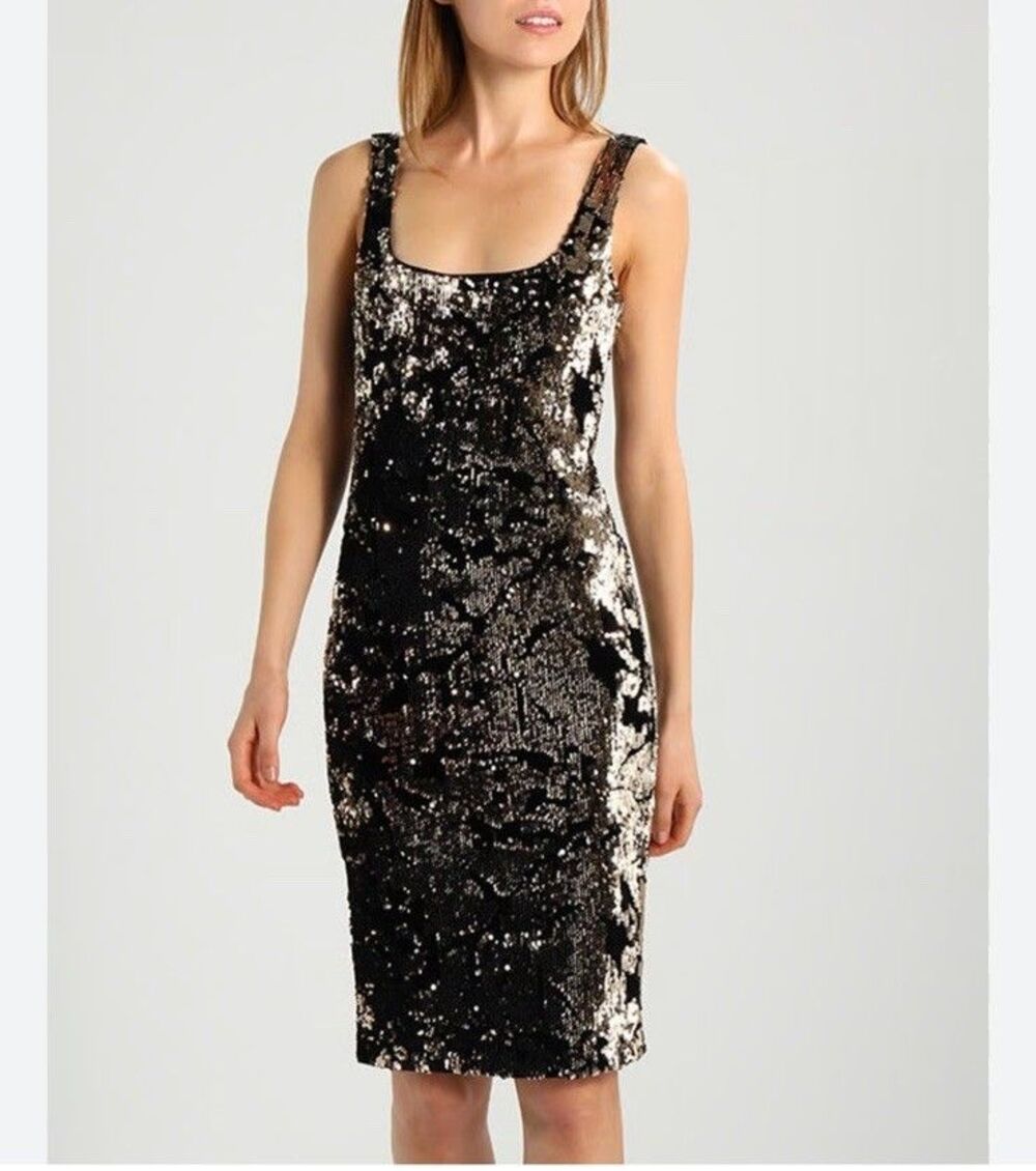 Bardot Midi Dress Black Velour Gold Sequins Sleeveless Bodycon EUC Size 6/S
